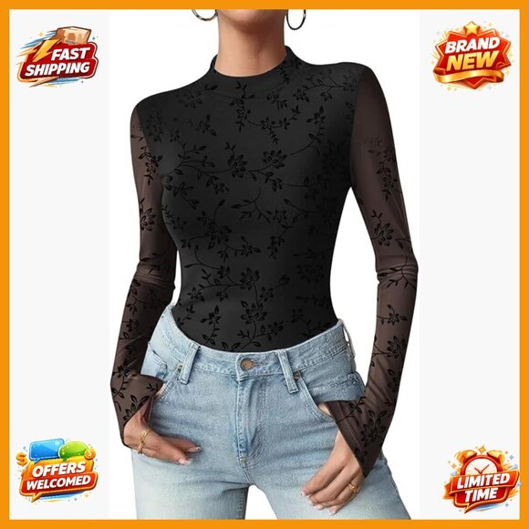 Tops - Sheer Mesh Long Sleeve Blouse Mock Neck Floral Top S-XXL
